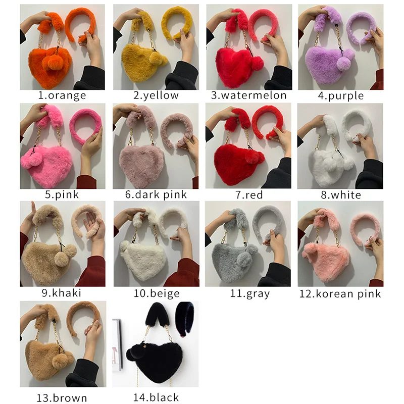

Ladies Solid Color Chain Handbags Cute Heart Shape Small Mini Purse Women Fluffy Fur Love Shoulder Messenger Bag With Headbands