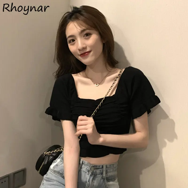 z krótkim rękawem T-shirt damski przycięty solidny dopasowany kwadratowy kołnierzyk letni retro dziewczęcy delikatny słodki codzienny Ins