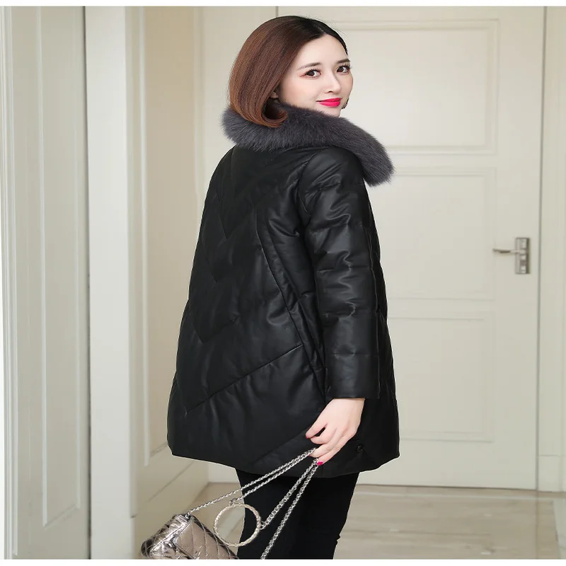 2021 Haining кожаный пуховик женский средний и длинный зимний воротник из лисьего меха