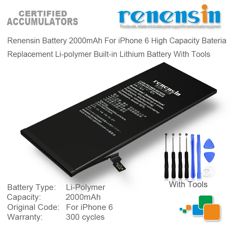 

Аккумулятор Renensin 2000 мАч для iPhone 6, сменная батарея большой емкости, литий-полимерная Встроенная литиевая батарея с инструментами