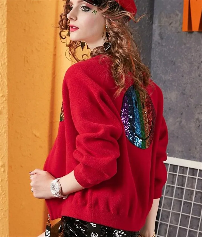 

Ladies red short jacket coats new loose sequined female coat smiley baseball uniform women jacket Chic top women Streetwear coat