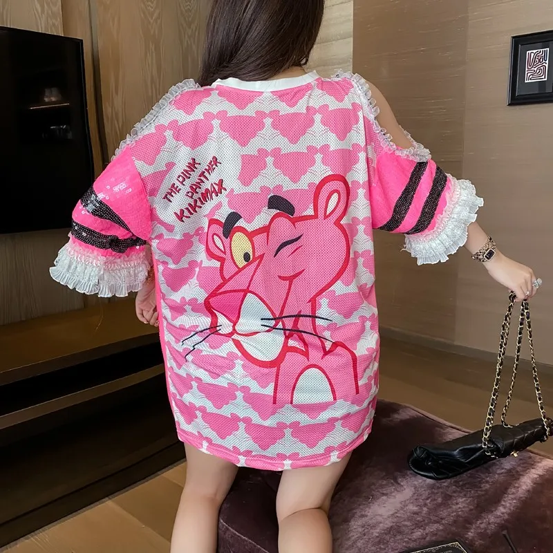 

New arrival ins Chic High quality Cute women sequin animal panther t-shirt Dresses Girls long T loose ruffles T-shirts Celebrity
