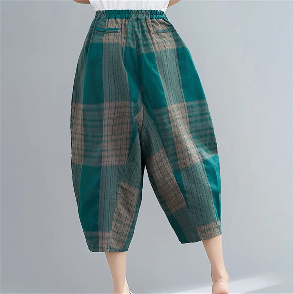 

2021 Sarouel Summer Vintage Cropped Harem Pants Cotton Linen Patch Pockets Wide-Leg Pants Korean Sweet Bloomers