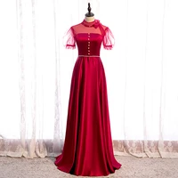 bespoke occasion dresses illusion high short pearls beading backless lace satin luxury burgundy women formal evening gown hb224