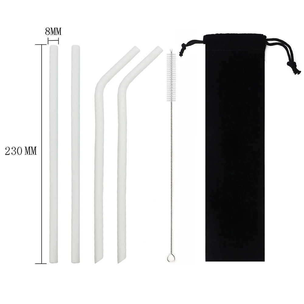 white 230mm 6 шт./компл. красочное питье силиконовая трубочка набор 23 см 25 см пищевой соломинки для путешествий многоразовая солома с кистью сумка для хранения - Цвет: white 230mm