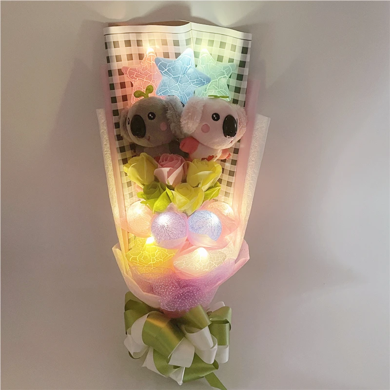 

Hot Sale Cute Plush Koala With Artificial Soap Flowers LED Bouquet Gift Box Home Decoration Creative Valentine Graduation Gifts