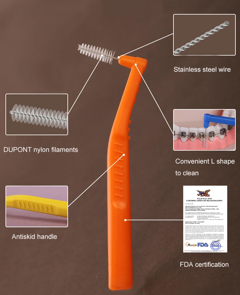 20 штук зубной нити для чистки ортодонтических проволок, зубная щетка, зубочистка 0,6 мм-1,2 мм с L-образным межзубным промежутком.