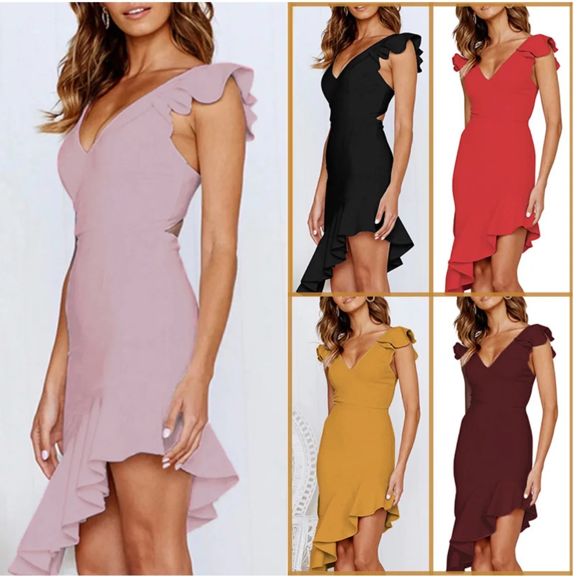 

2021 new European and American women's V-neck sleeveless ruffled backless sexy dress dress