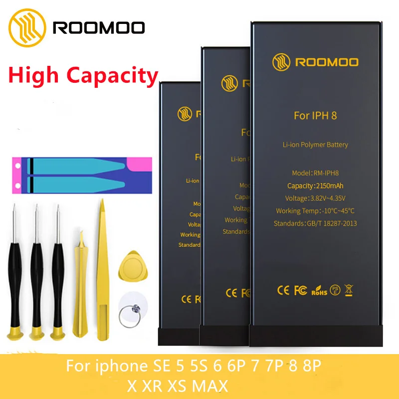 

Сменный аккумулятор большой емкости ROOMOO, для iPhone X, XR, 6, 6s, Высококачественный чип, безопасный аккумулятор, быстрая доставка в течении 2 дней