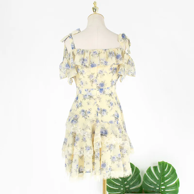 

KPOP IU Lee Ji Eun korean new fashion chiffon lace splice sling floral dress women party sexy slim strapless waist mini dresses