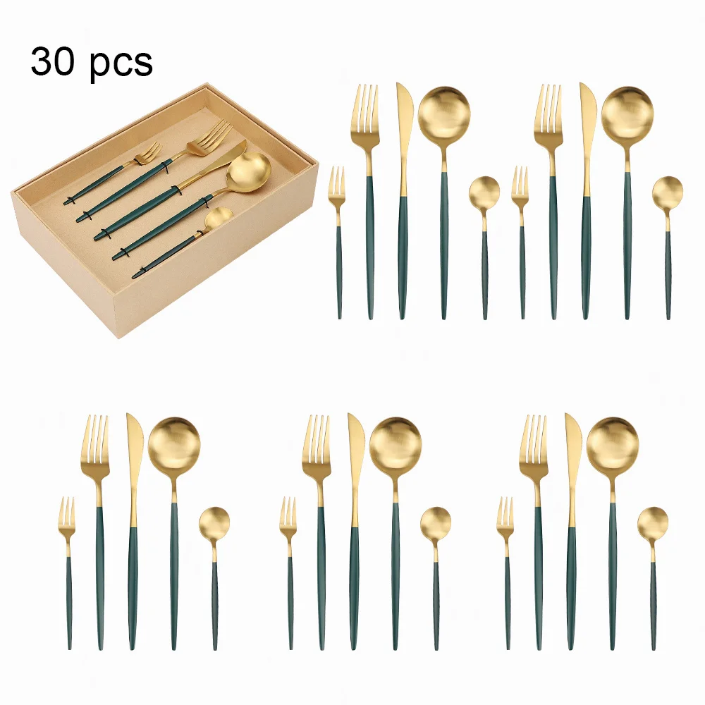 

30 Dark Green Gold Stainless Steel Cutlery Set Wedding Tableware Dinner Service Spoon Fork Knife Kitchen Utensils Dropshipping