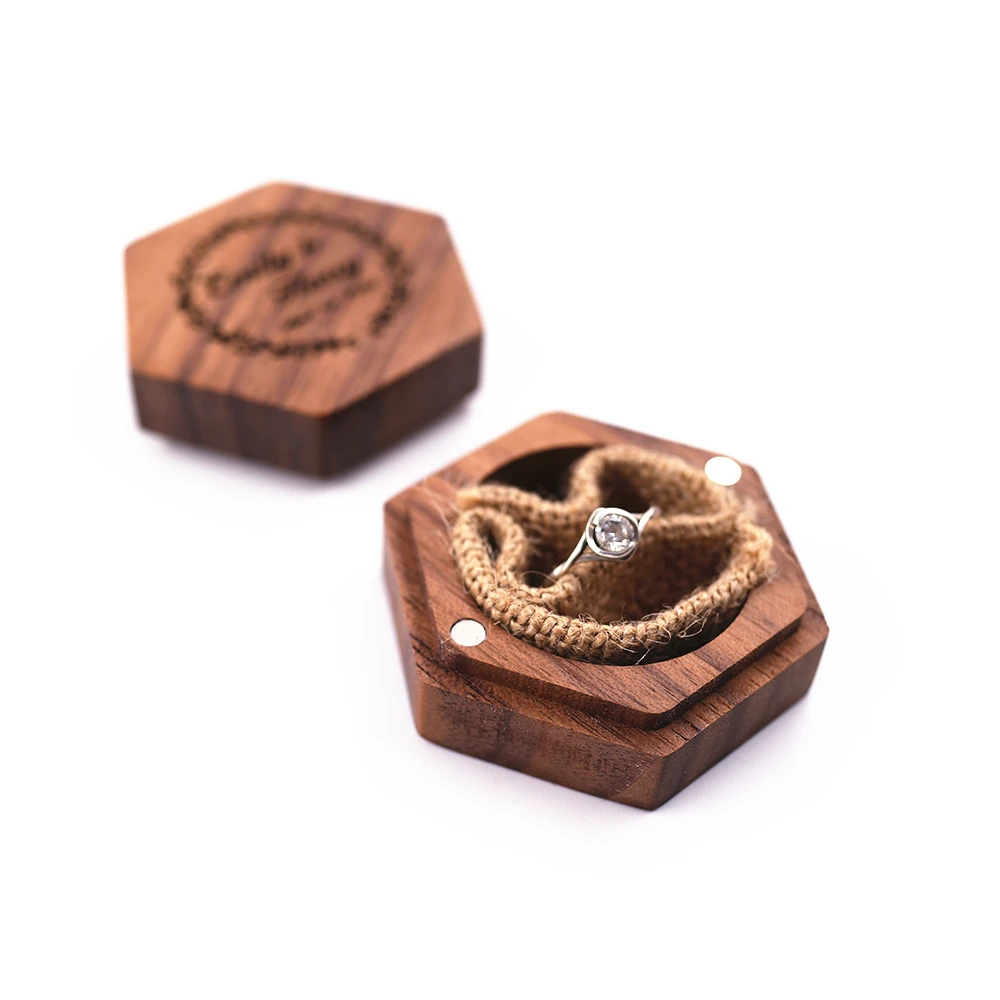Hexagon Personalized Rustic Wedding Wood Ring Box Holder Custom Your Names and Date Wedding Ring Bearer Box Black Walnut