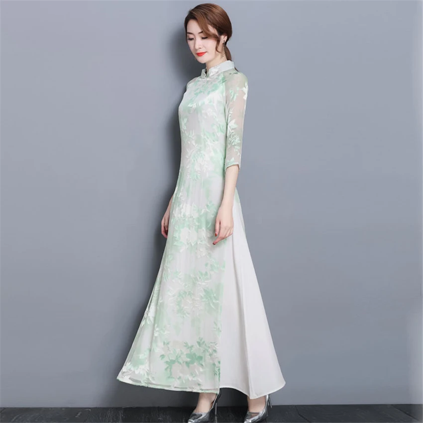 Женское традиционное платье Ципао элегантное с цветочным принтом из Вьетнама
