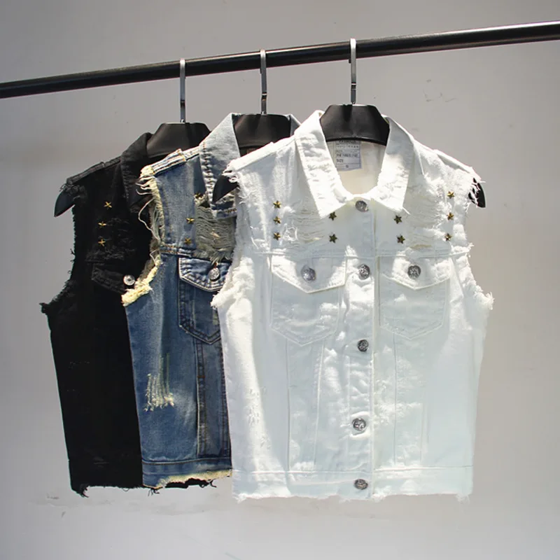 

Женский джинсовый жилет с пентаграммой, Повседневная приталенная винтажная куртка без рукавов, с заклепками и дырками, уличная одежда, лето...