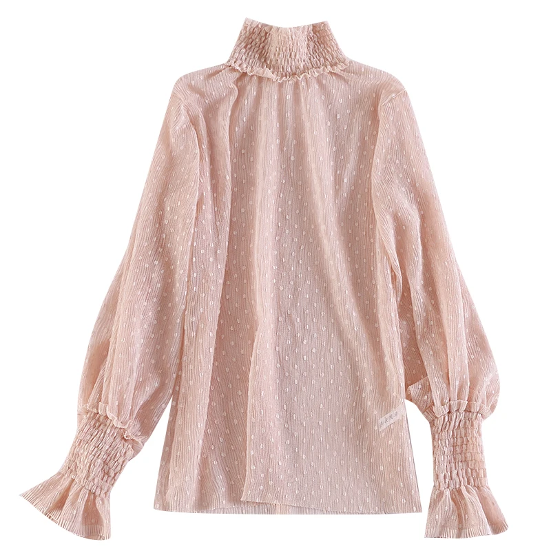 Женская кружевная блузка в горошек с расклешенными рукавами и оборками|Блузки| |