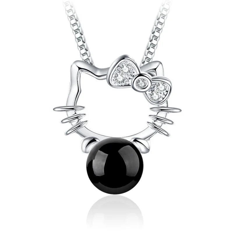 925 Sterling Silver Red Black Gem Cat Crystal Pendant Neckace For Women Gift 45cm Box Chain choker collares | Украшения и
