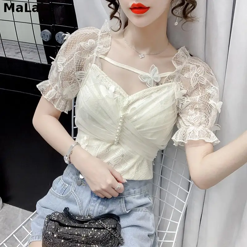 

2021 New Puff Sleeve Off Shoulder Mesh Stitching Lace Bow Tops Sexy Sheer Buttons Blouse For Women Tops Party Classy Fashion