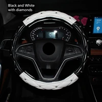 car steering wheel cover leather black and white blue purple red for women bling diamond car interior accessories 38cm 15 inch