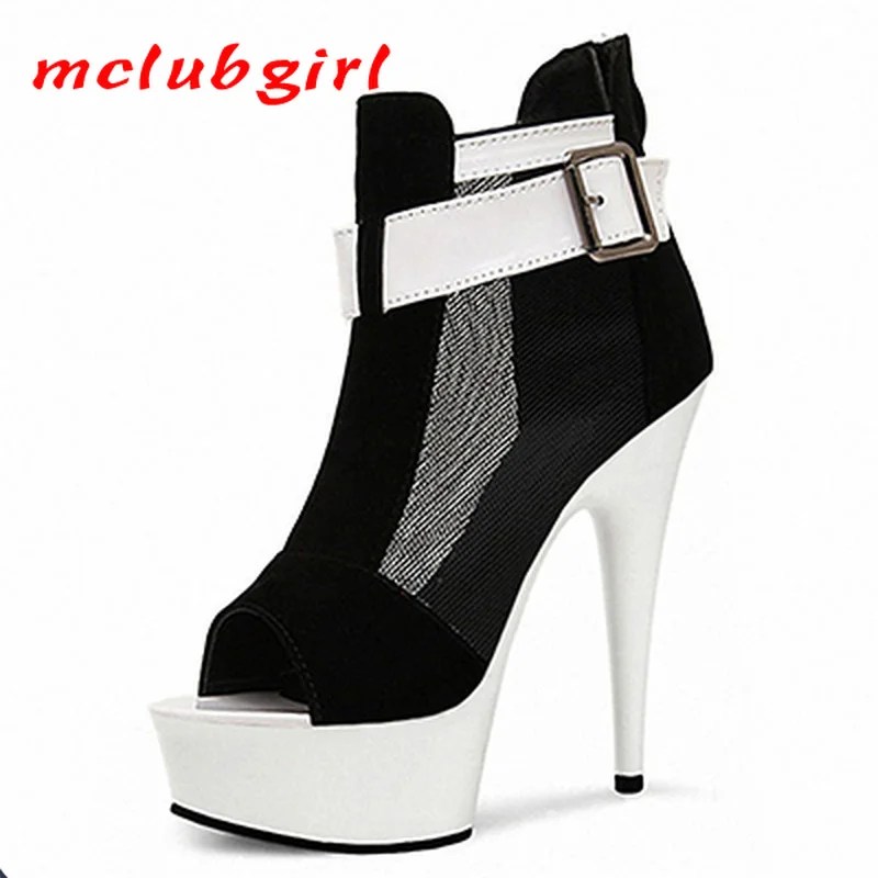 

Mclubgirl 15cm Heels Solid Color Buckle Fine Heel Fish Mouth Super High Heel Hollow Mesh Waterproof Platform Sandal LYP