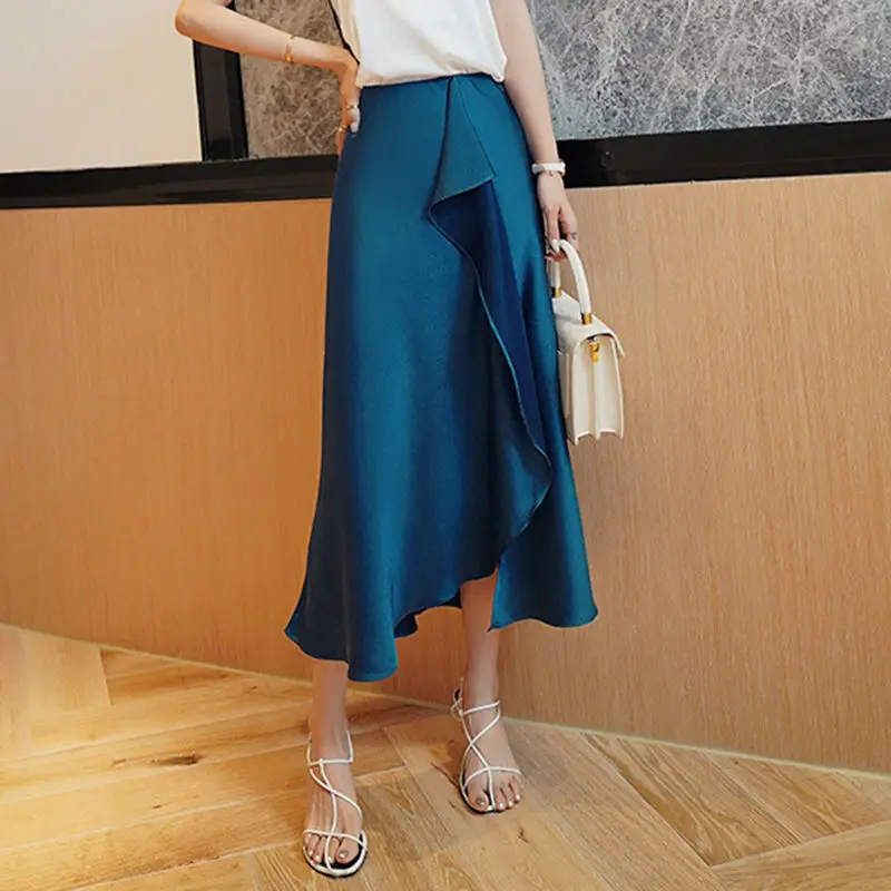 

Women 2021 Spring Autumn Elegant Slim Mermaid Skirts Lady High Waist Solid Shiny Satin Skirts Fashion Ruffle Party Skirts E308