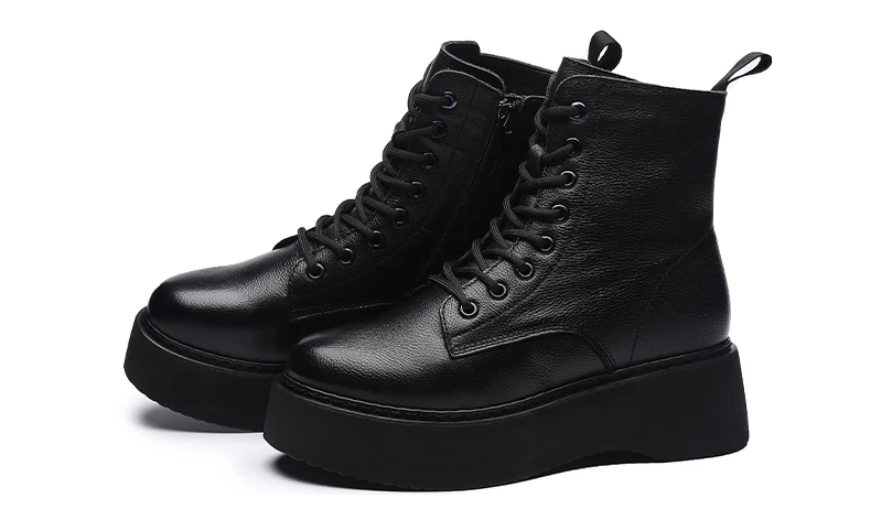 Women Boots Genuine Leather Ankle Boots flat Platform Boots Fashion zipper Thick bottom Black Ladies Shoes