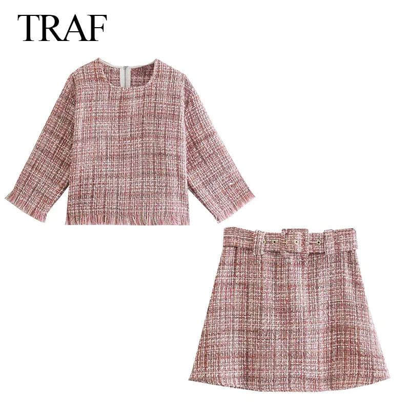 

Костюм TRAF ZA с юбкой, модная клетчатая текстурированная блузка, костюм из двух предметов, офисная одежда, элегантный женский комплект с мини-...