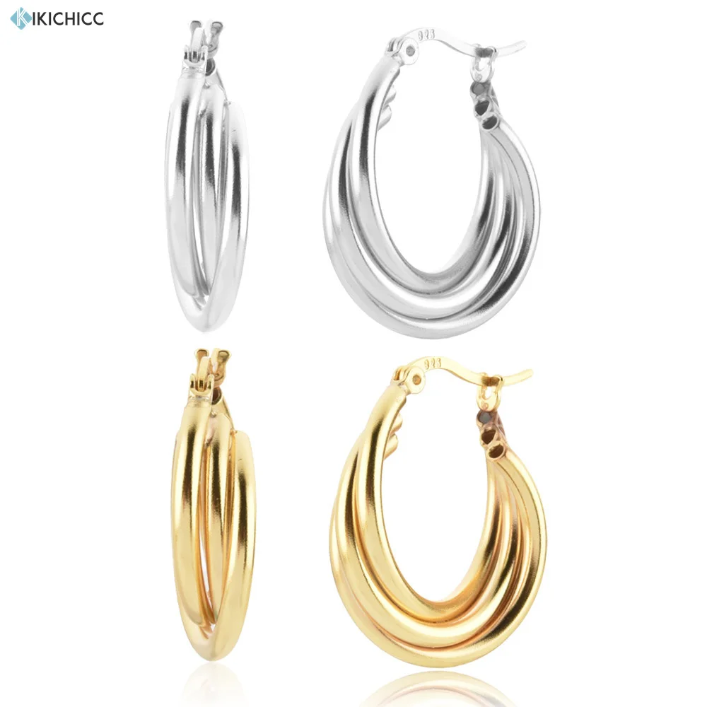 

KIKICHICC 925 Sterling Silver Gold 18mm Three Circle Twist Hoops Earring Piercing Women Luxury Loops Plain Hollow Jewelry For