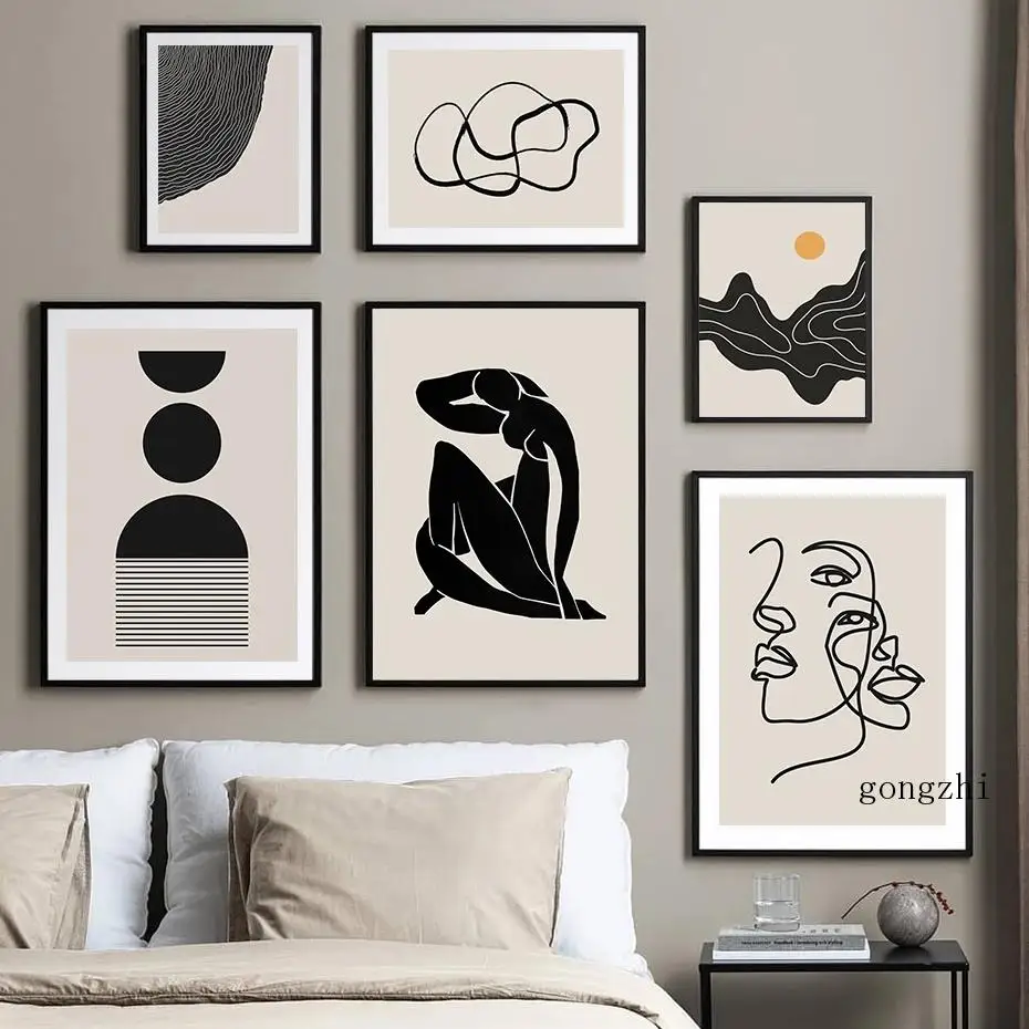 

Trendy Abstract Creative Minimalist Line Poster Black Beige Canvas Painting and Prints Modern Wall Art Picture Living Room Decor