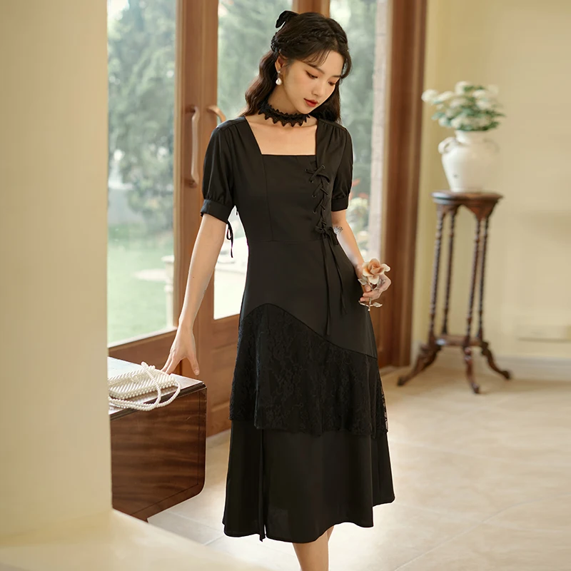 

2021 Summer Square Collar Slim Thin Dress Women Short Sleeve Elegant Vintage Dress Lace-up One Piece Dress Korean Bandage Chic
