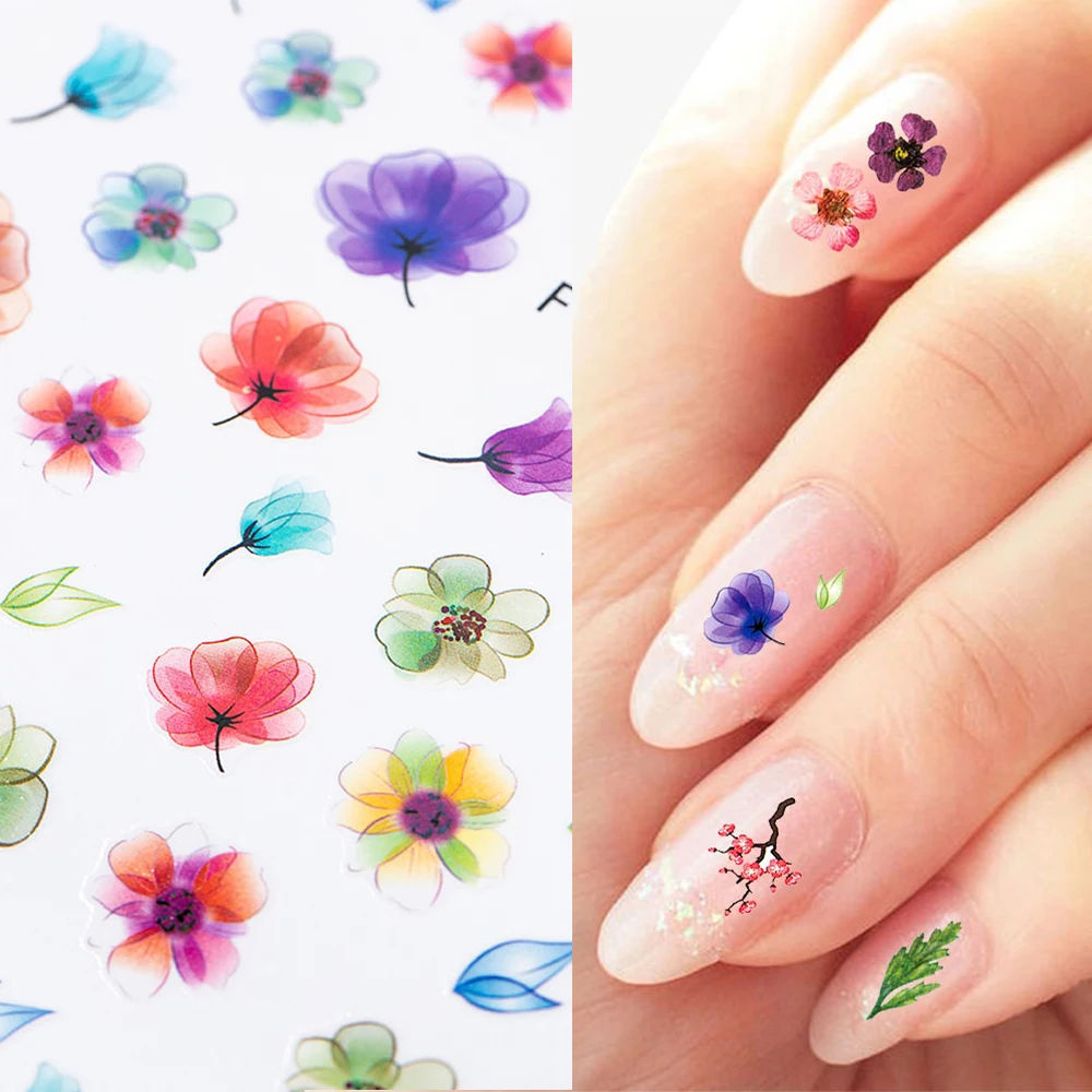 

1 лист переводных наклеек для ногтевого дизайна, цветок, яркие 3D-Наклейки для ногтевого дизайна, водные переводные наклейки для ногтей, накл...