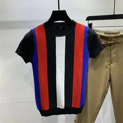 

Men's ice silk half-sleeved summer round neck knitted short-sleeved T-shirt Slim stretch T-shirt