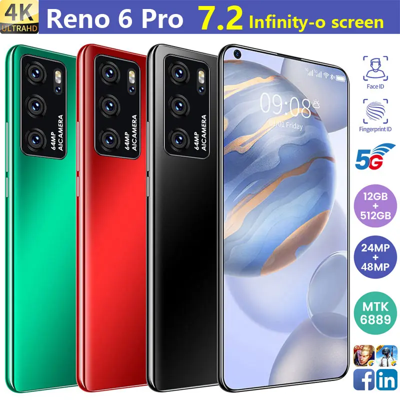 

2021 New Arrival Reno 6 Pro 16+512GB 7.2Inch Infinity-o Screen MT6889 10 Core Face ID 24+48MP 5000MAH Battery Daul SIM Android10