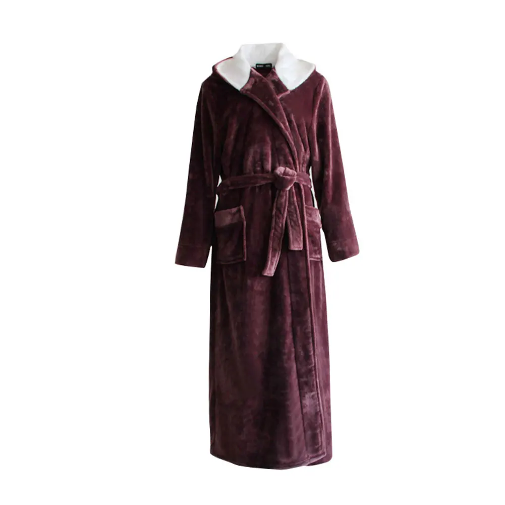 

Thickened Ladies With Pocket Solid Dressing Gown Home Women Robe Hooded Warm Waist Tie Autumn Winter V Neck Elegant Daily