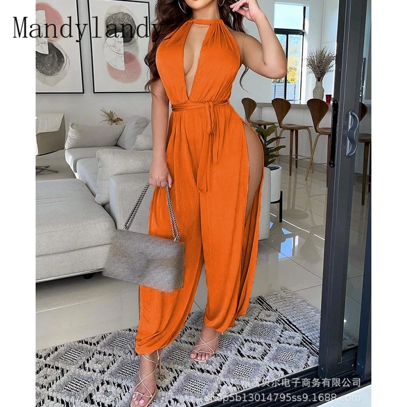 

Mandylandy Jumpsuits Summer Sleeveless High Waist Slit Wide Leg Jumpsuits Women's Solid Color Loose Hollow Out Lace Up Jumpsuits