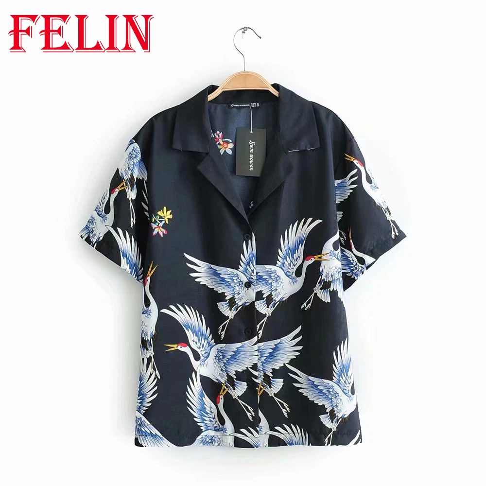 

2021 для женщин Za рубашка с рисунком журавля летние шикарные пятен с короткими рукавами рубашки для мальчиков на одной пуговице размера плюс ...