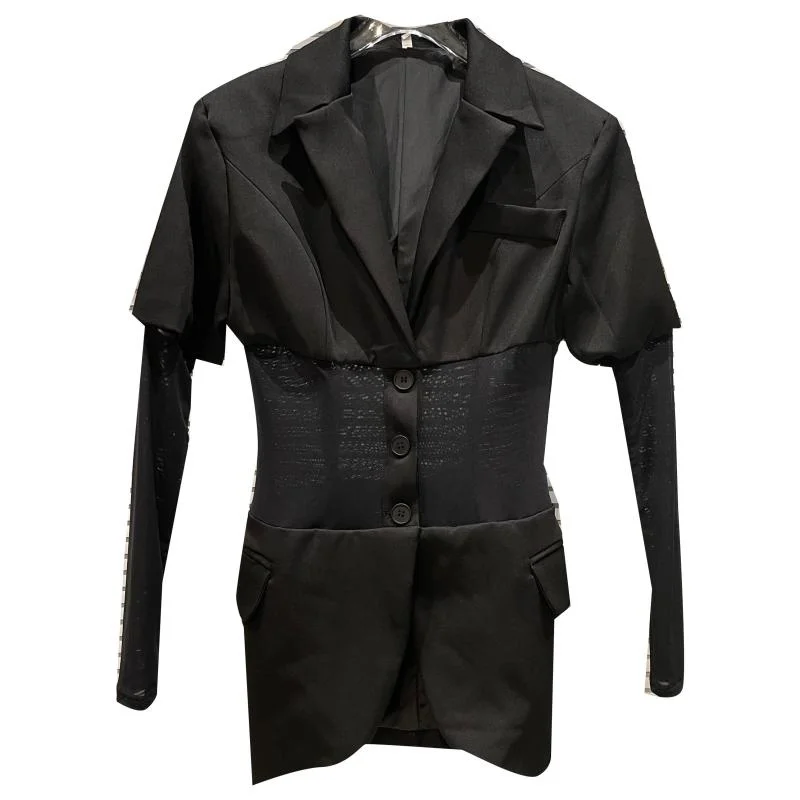 

Mesh Splicing Sleeve Black Blazer Women 2021 Autumn New Fashion Show Waist Closing Suit Coat