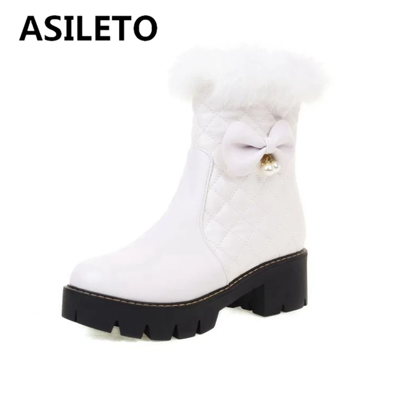 

ASILETO Snow Woman Mid-Calf Boots Round Toe Flat Low Heels Zipper Bowtie Grid Size 34-43 Leisure Black White Winter Warm S2689