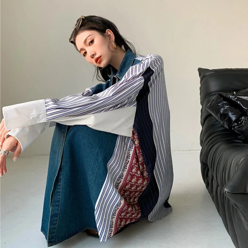 

GALCAUR Straight Single Breasted Lapel Collar Long Sleeve Patchwork Denim Hti Color Blouses Females Fashion Clothing 2021 Summer