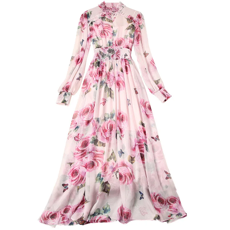 

Summer Dress Women 2021 Elegant Beading Floral Printed Long Sleeve Pleated Maxi Dress Female