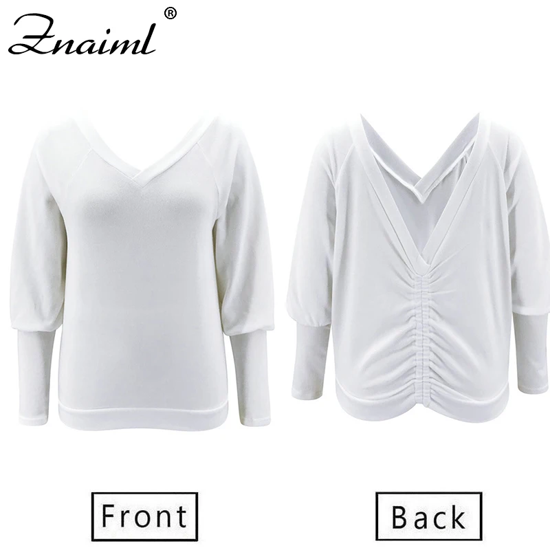 

Znaiml Spring Autumn Women T-Shirts V-Neck Long Sleeve Backless Patchwork Design Solid Color Casual Loose Pullovers Streetweat