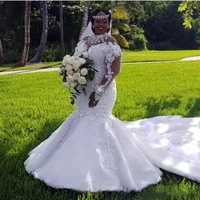 african plus size mermaid wedding dresses 2023 high neckline illusion long sleeve appliques beaded bridal gowns court train