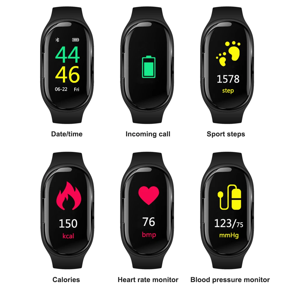 

2 in 1 Smart Bracelet Wireless Bluetooth Headset Combo Waterproof Watch Wristband Earphone Heart Rate Fitness Tracker