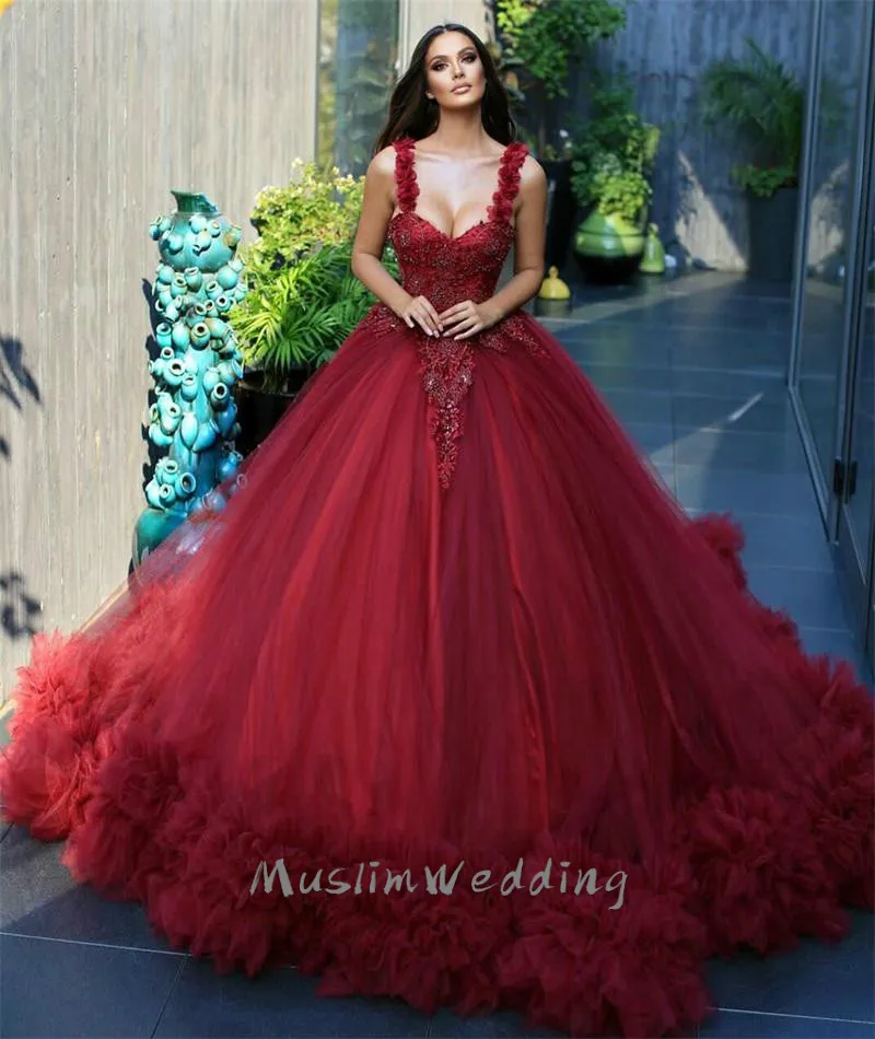 

Red Puffy Prom Dresses Spaghetti Appliqued Lace Beads Ruffles Tulle Chic Evening Dresses Sweep Train Custom Made Muslim Formal