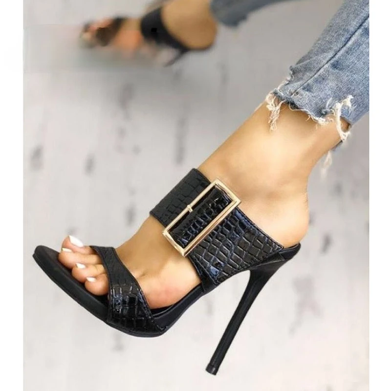 

2021 Fashion Sexy Gladiator Summer PU Women Sandals Thin High Heels Sandals Slip-On Toe Black Dress Size 35-40