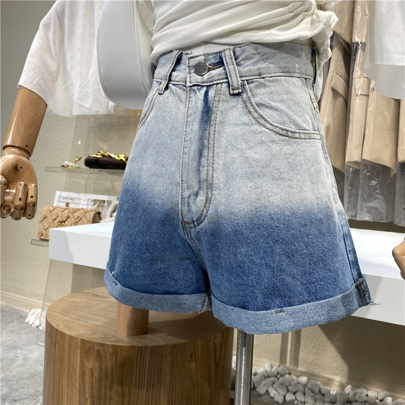 

Niche Design Personality Trend Gradient Denim Shorts 2021 New Joker High Waist Slim Hemmed Wide Leg Pants