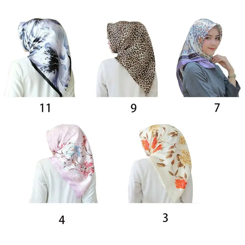 

Satin Women Large Square Scarf Retro Floral Leopard Print Head Wrap Hijab Shawl M6CD