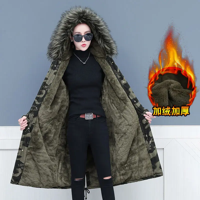 Women's 2020 Winter Camouflage Cotton Coat Female Mid-Length Zipper Pocket Plus Velvet Thick Camouflage Hooded Parkas Mujer E361