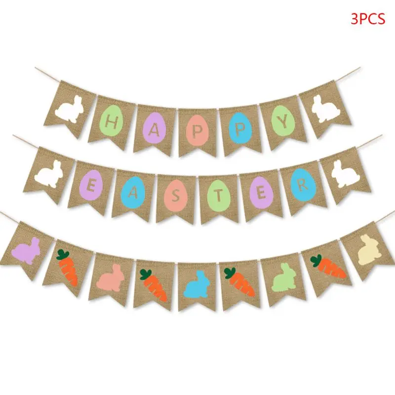 

3 Pcs Easter Egg Burlap Banner Rabbit Carrot Print Bunting Pull Flag Party Decor