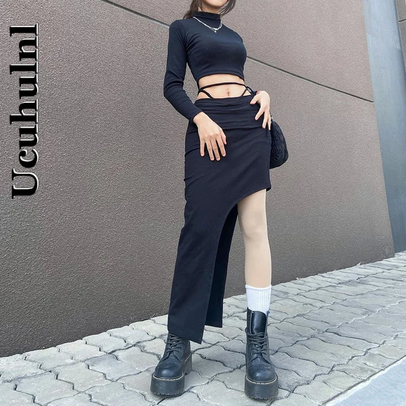 

Женская длинная юбка в готическом стиле, однотонная Асимметричная юбка с кружевом, в японском стиле, летняя юбка в стиле панк, Y2k, 2021