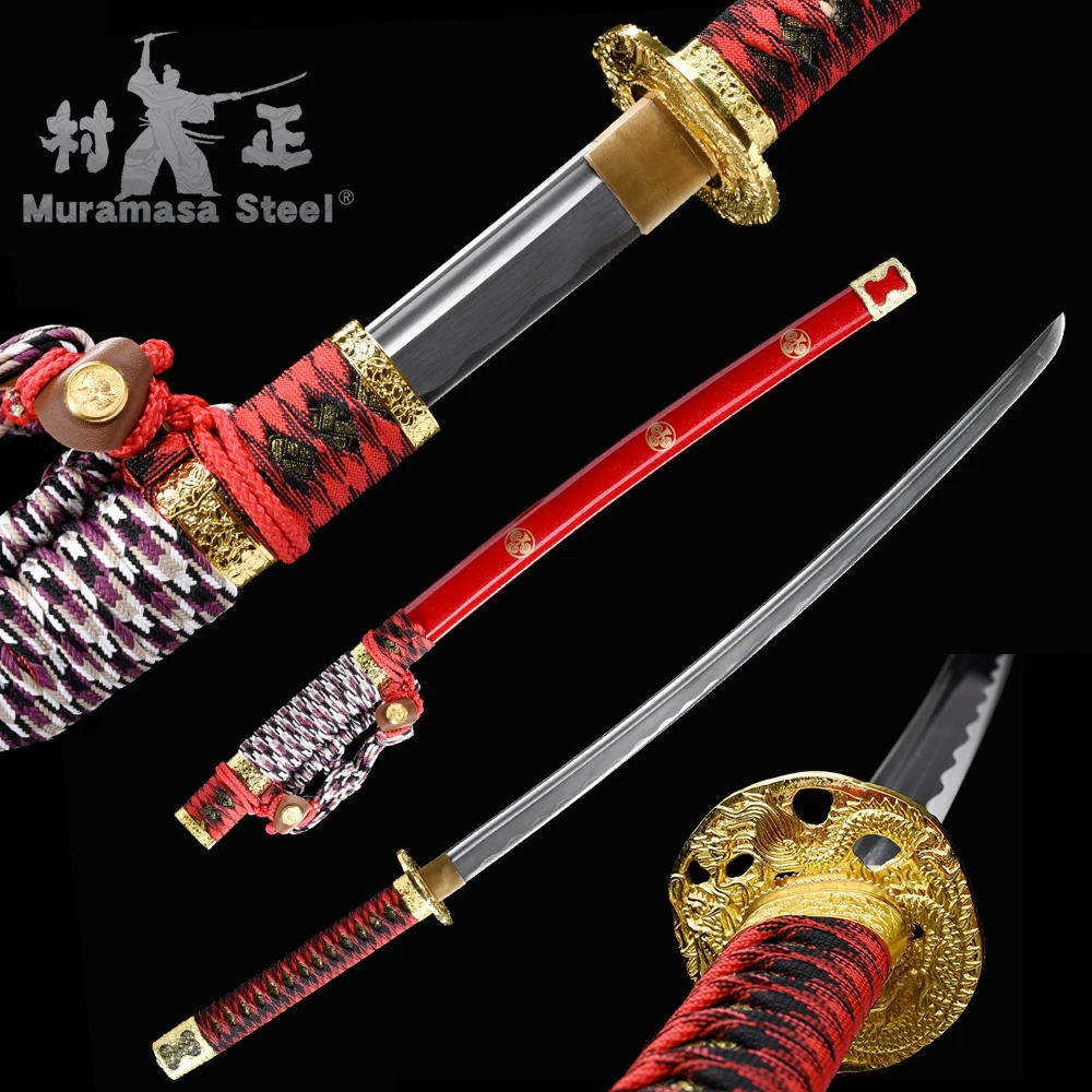 

Handmade Japanese Swords 1045 Carbon Steel Full Tang Sharp Ready Cutting Straw Mat-Tachi Katanas-41IN Red-Decoration